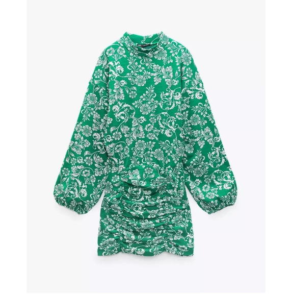 ZARA Jacquard Knit Floral Balloon Sleeve Dress Green Size Small - Picture 1 of 8